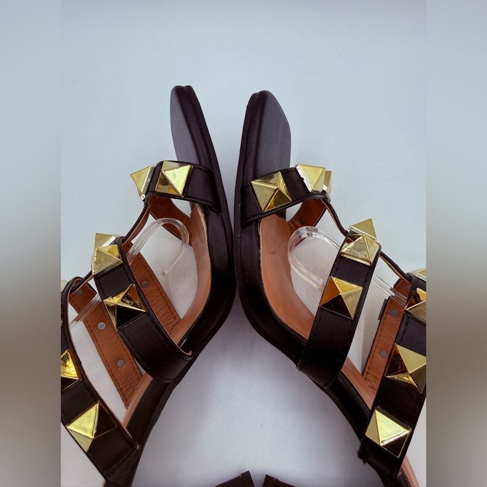 Nicole Miller NY Gold Studded Black Heeled Sandals – Ankle Strap Fashion Heels - Picture 6 of 16